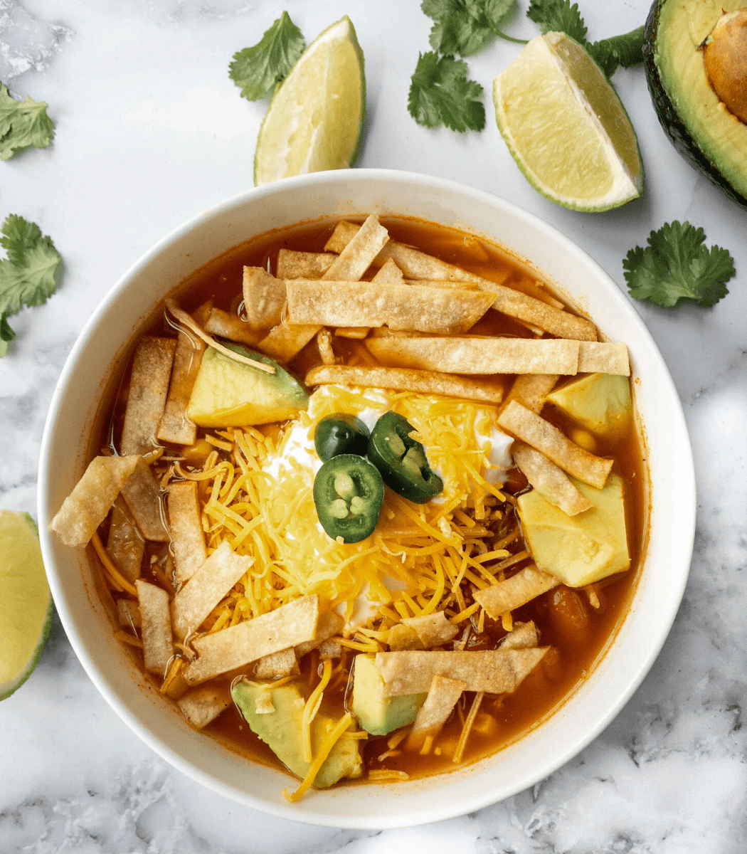 bowl filled with chicken tortilla soup topped with tortillas, cheese and jalapenos