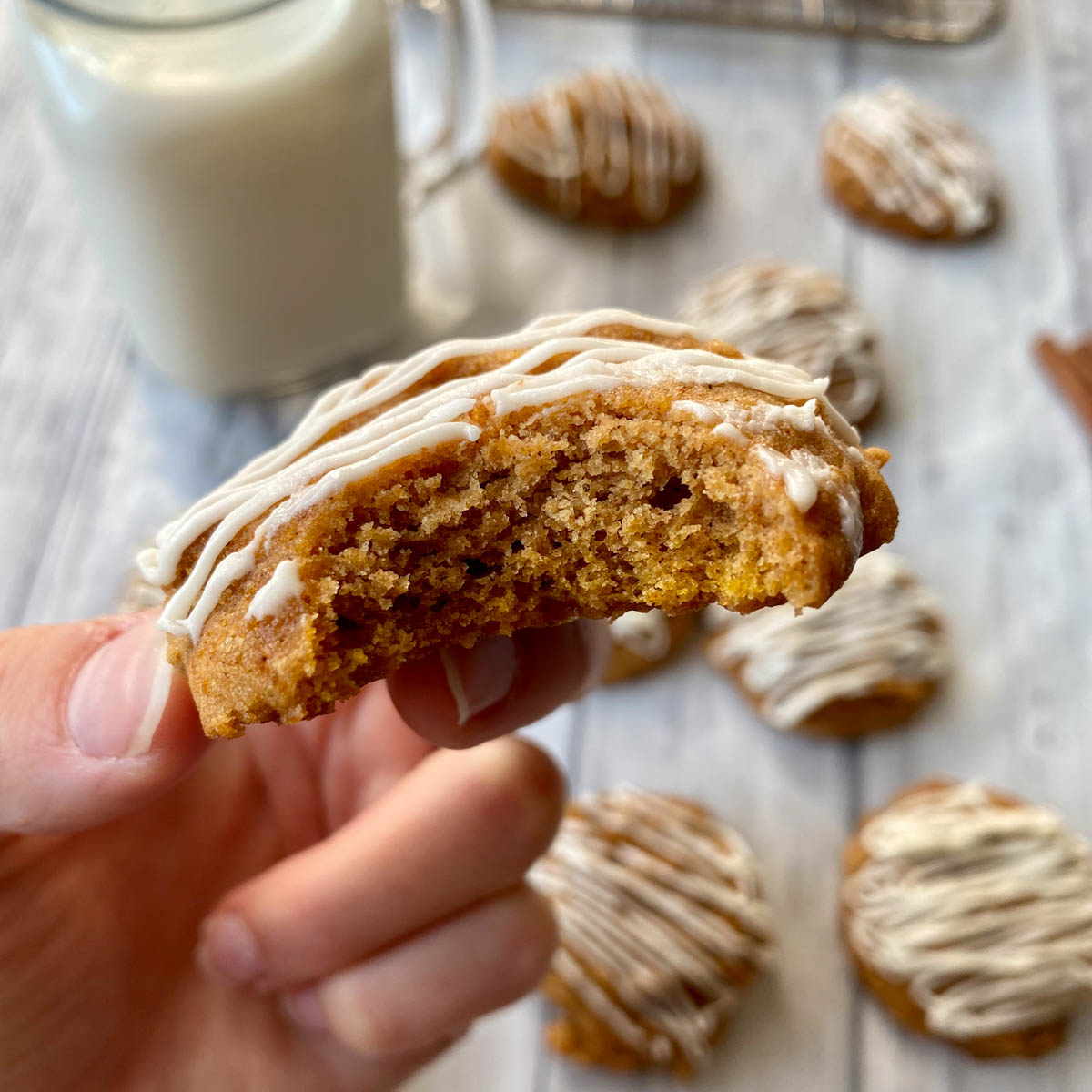 close up shot of  a hand holding a gluten free pumpkin cookie with a bite taken out of it. 