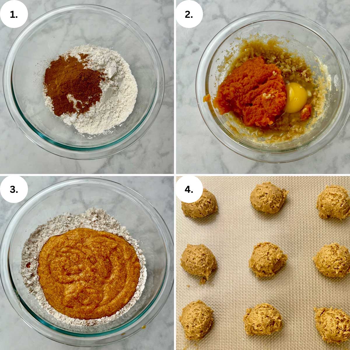 4 process shots showing how to make pumpkin cookies. 