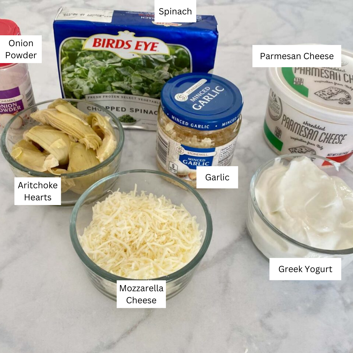 healthy-spinach-artichoke dip-ingredients-labeled-on-table