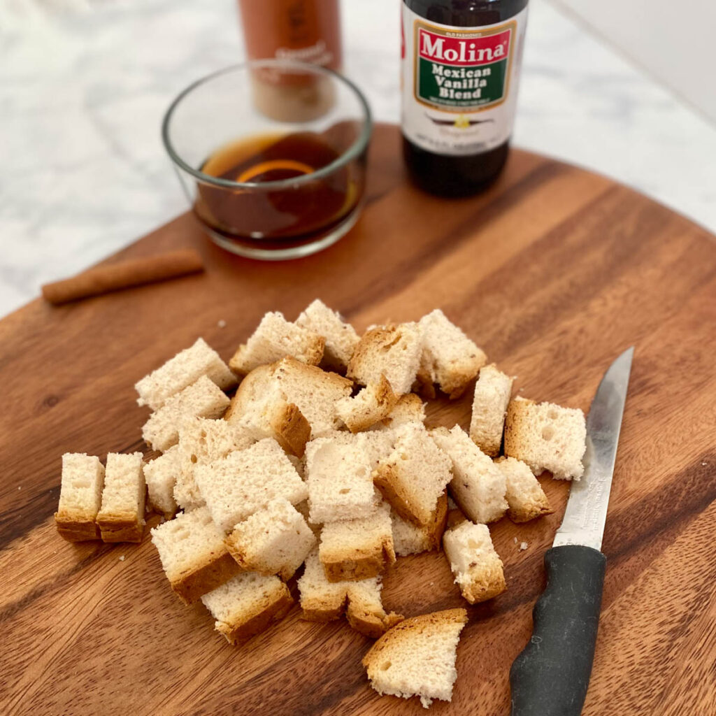 Bread cut into cubes for the baked french toast muffins