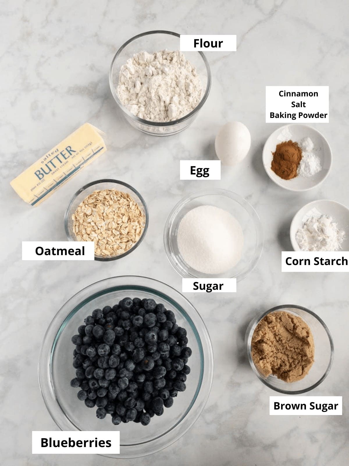 Gluten-Free Blueberry Crumble Ingredients sitting on a counter and labeled.
