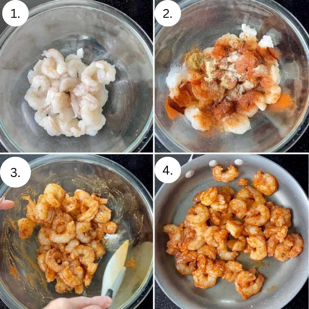 4 process shots on how to make the shrimp in a skillet