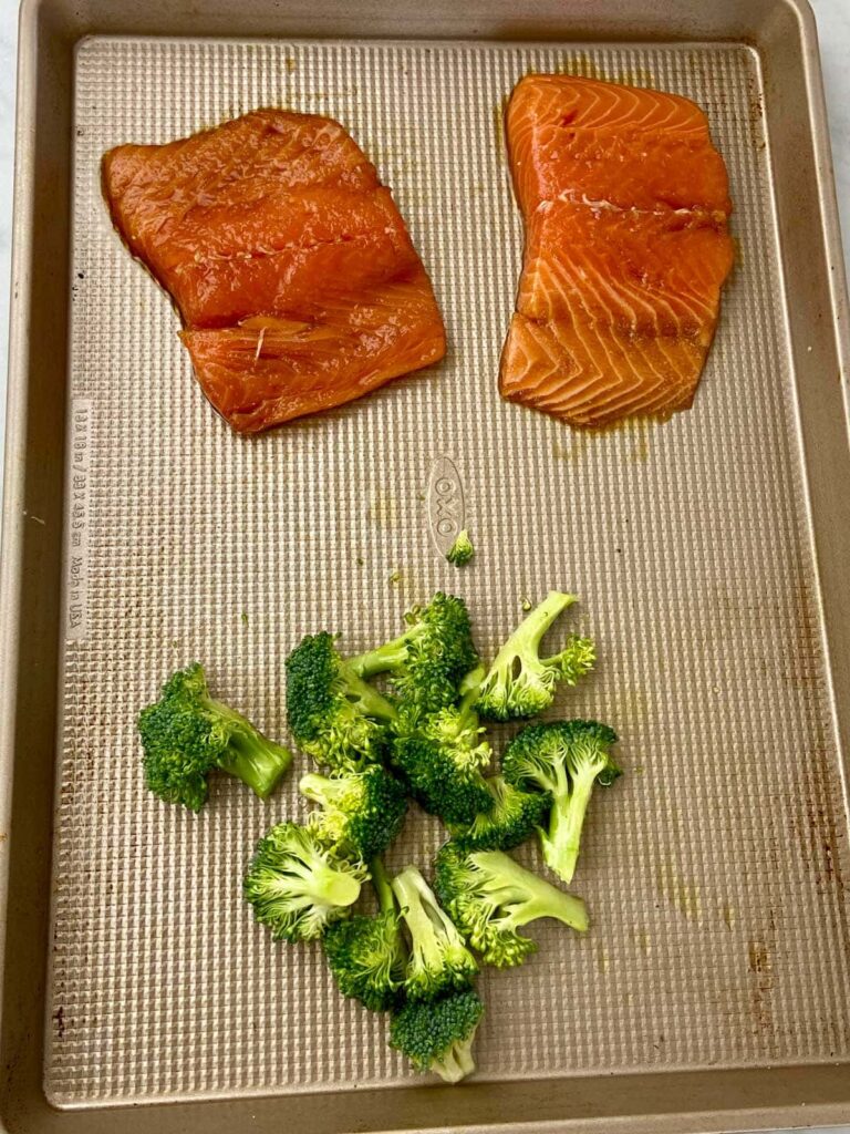 salmon and broccoli on a pan