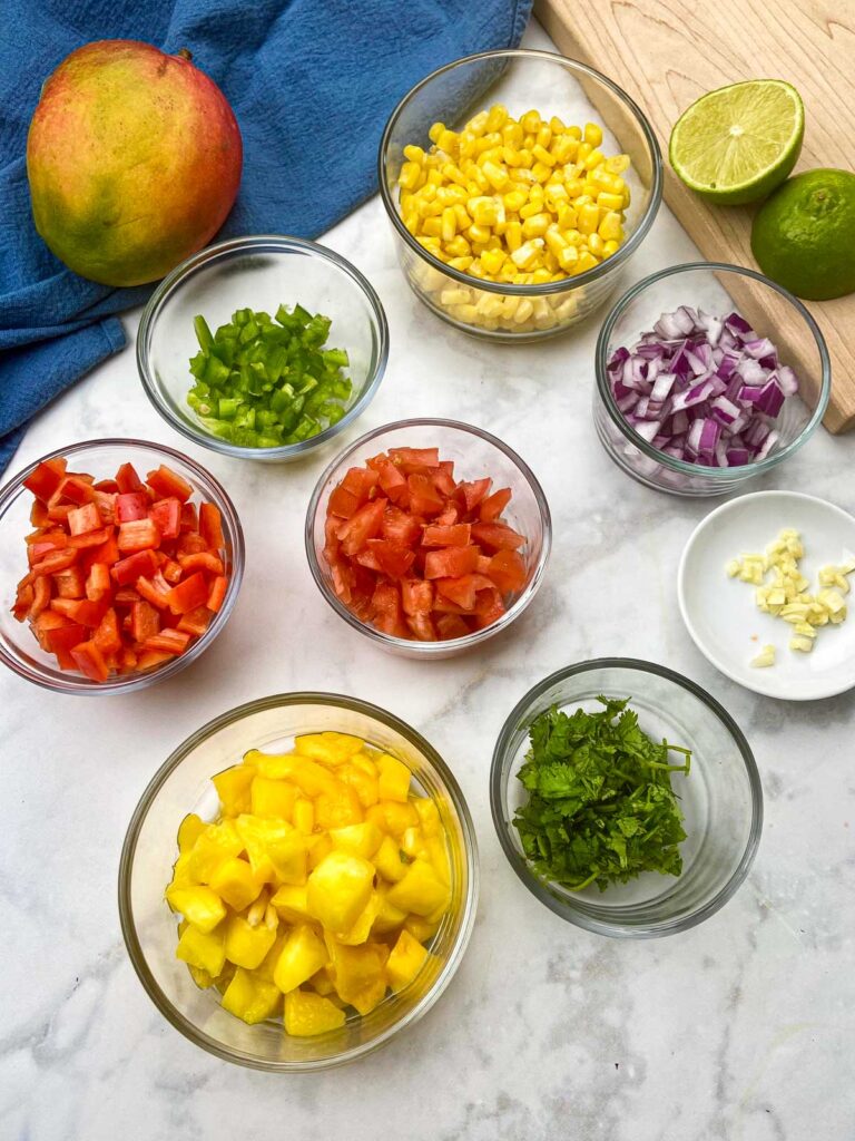 how to cut ingredients for mango corn salsa