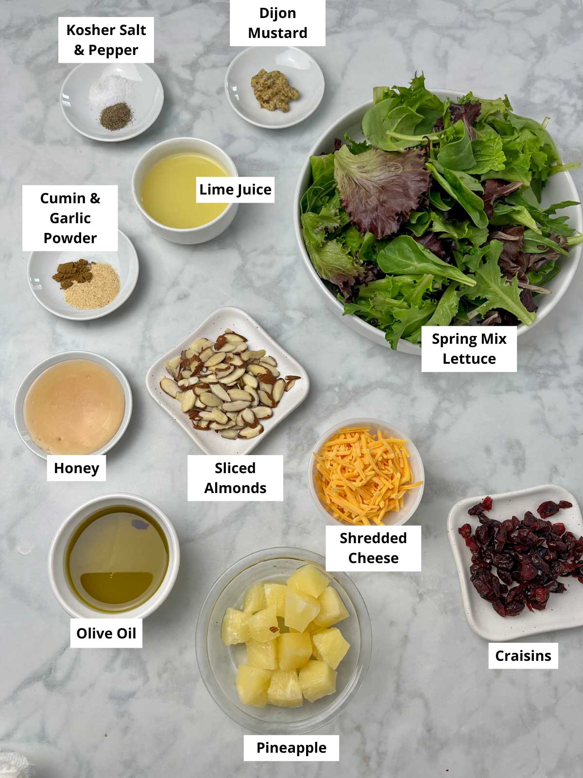 Hawaiian Salad Ingredients laying out on a counter.