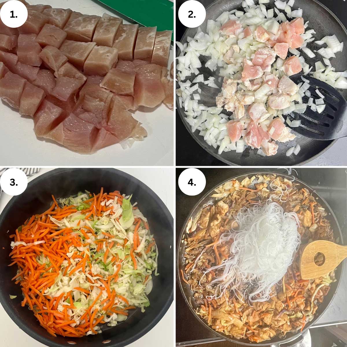 4 process shots of how to make chicken pancit