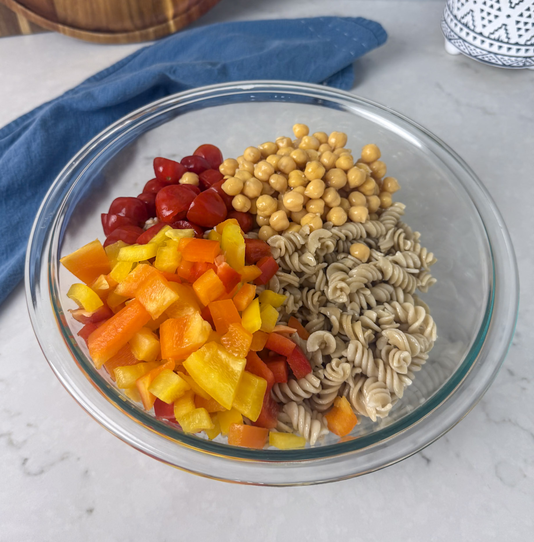 protein pasta and veggies in a bowl
