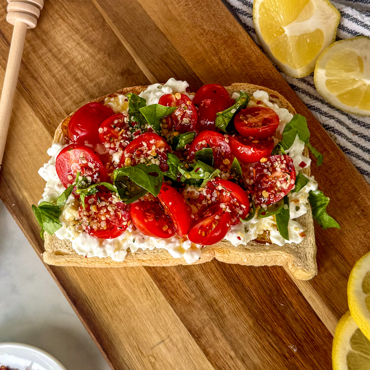 cottage cheese toast topped with balsamic cherries