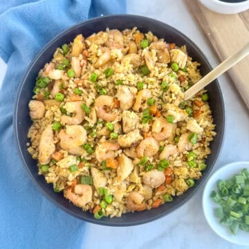 chicken and shrimp fried rice in a bowl
